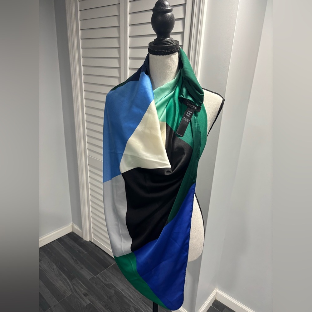 White House/ Black Market Silk Square Scarf-Black, Green, White, Blue,